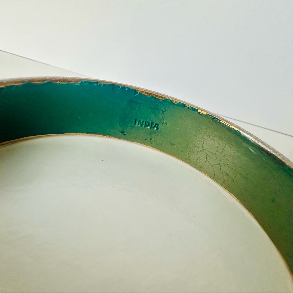 Vintage India Wooden Green Bracelet Bangle w Gold & Beaded Trim - Picture 3 of 7